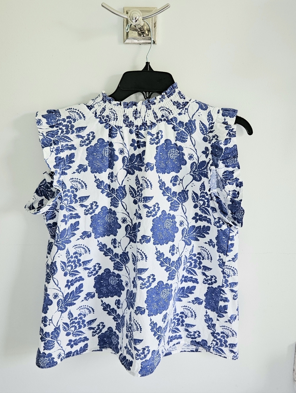 THML Blue White Smoked Neck Sleeveless Top